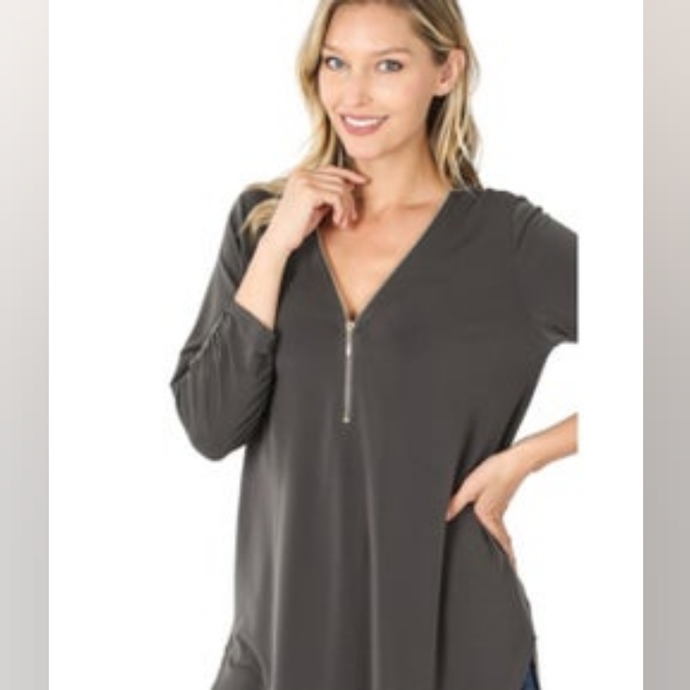 Zenana 3/4 sleeve blouse with zipper! Best seller! Ash grey